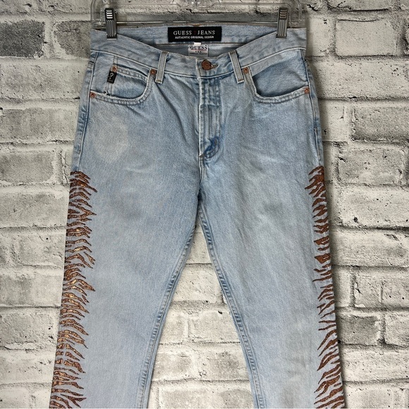 Vintage Guess Y2K Light Wash Metallic Gold Tiger Stripes Straight Leg Jeans - Picture 2 of 11